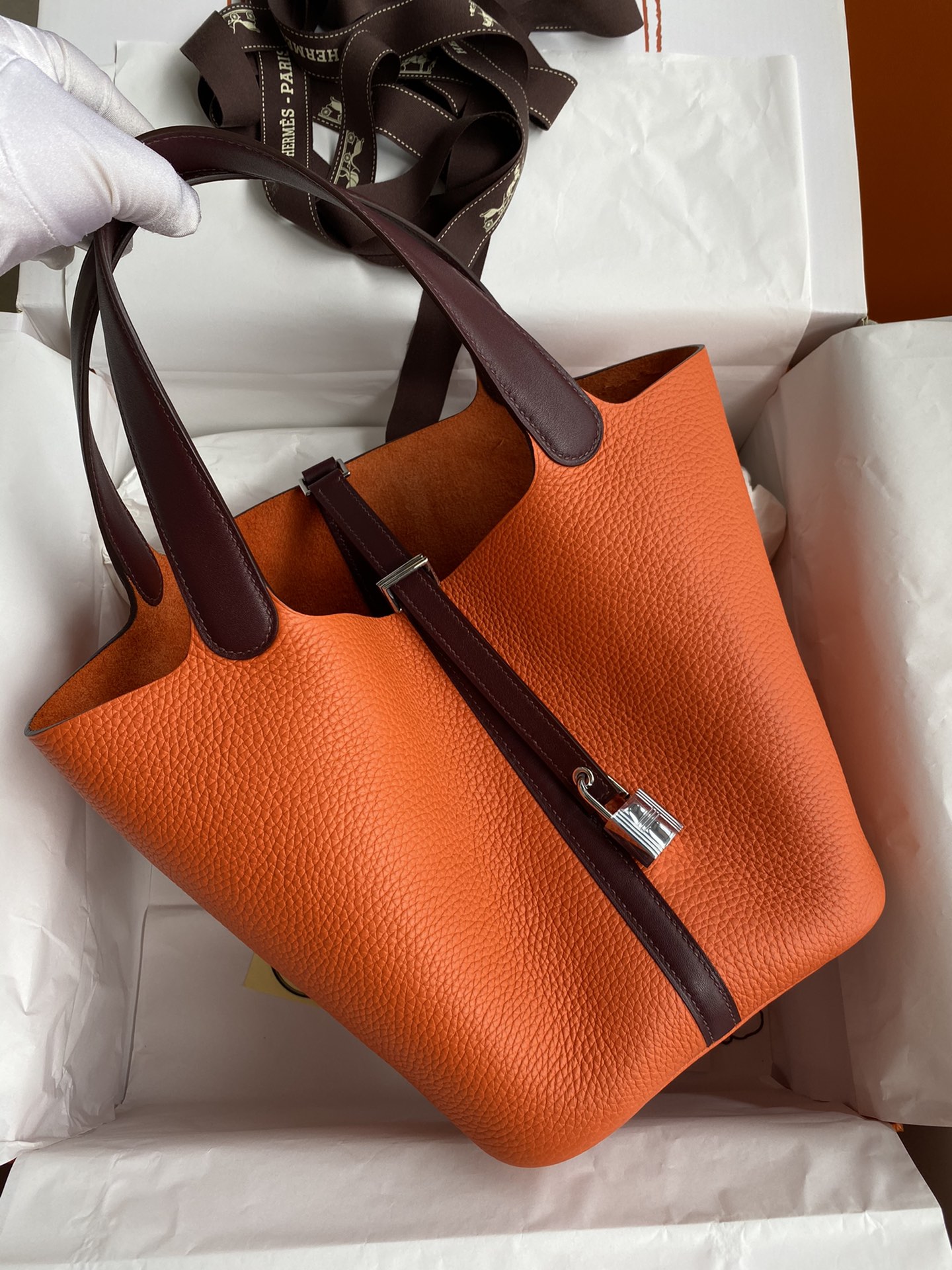 Hermes Picotin Lock 22 Bag In Orange/Bordeaux Clemence Leather